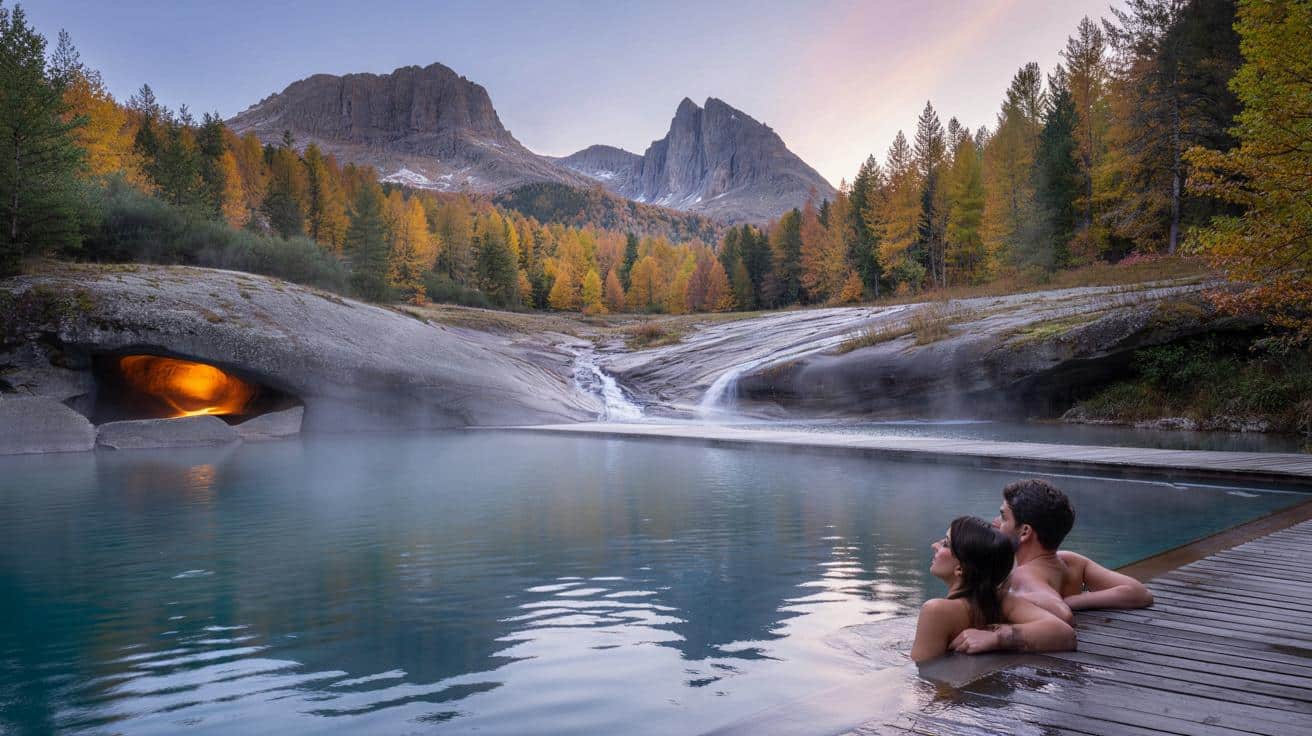 El balneario más deseado de España en otoño: tiene cascadas, cuevas y termas al aire libre rodeadas de dos montañas icónicas